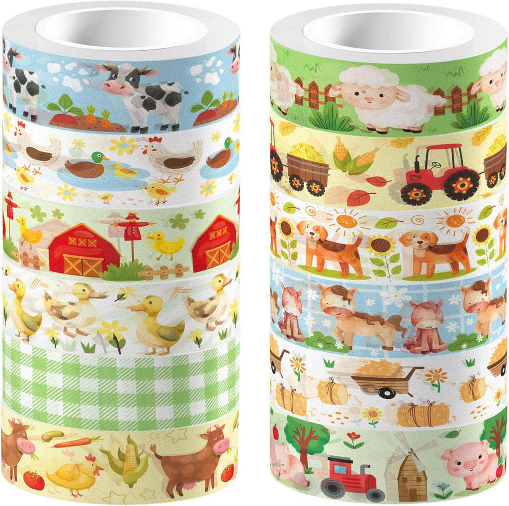 12 Pcs Farm Animals Washi Tape Farm Animals Masking Tape Decorations Farmhouse Cow Sheep Pig Ducks Decorative Paper Sticker for Vintage Journals, Planners, DIY Craft Gift Wrapping