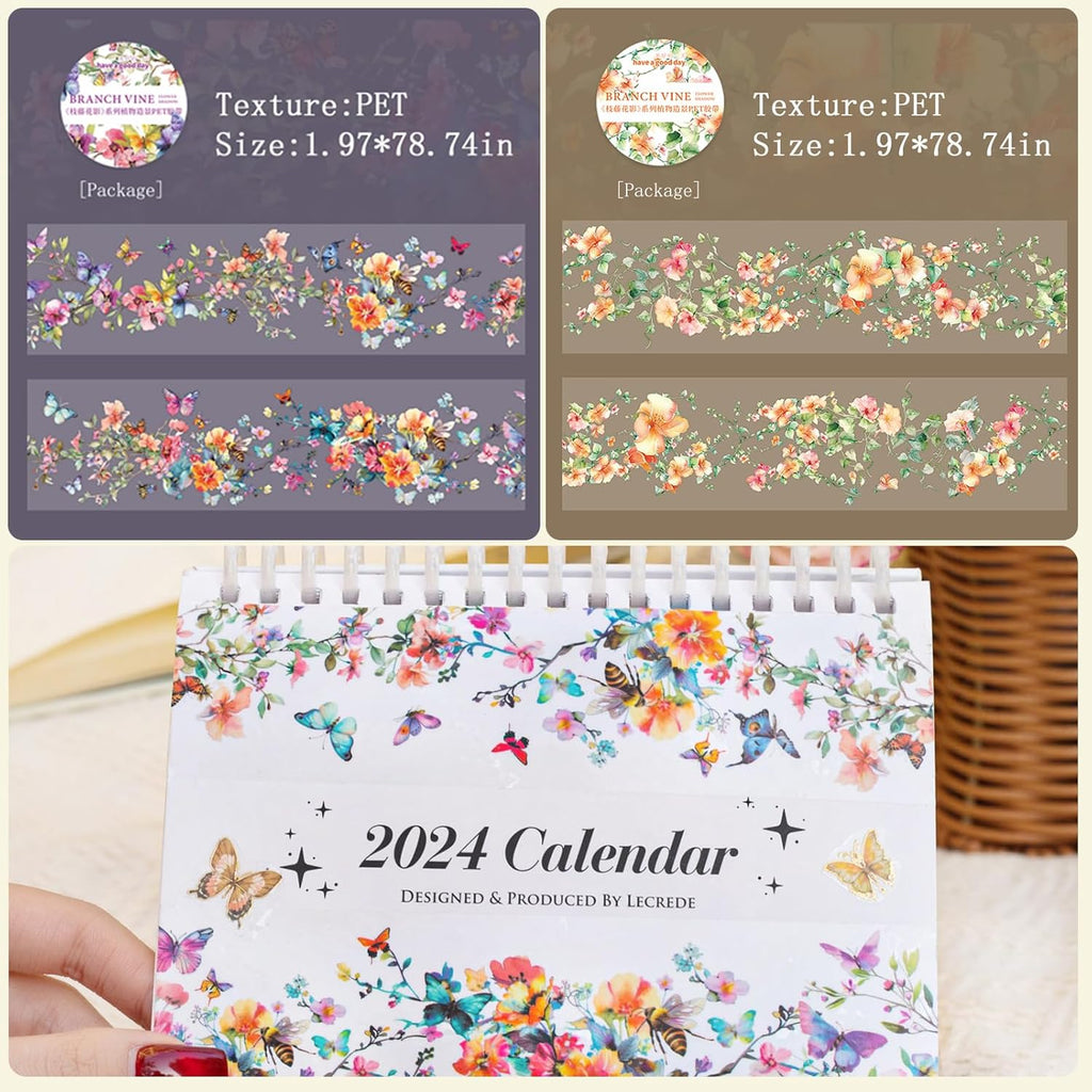 6Rolls Floral Washi Tape Set PET 40mm Wide Washi Sticker for Junk Journaling Stickers Flower Scrapbook Stickers Vintage Washi Tapes Scrapbooking Supplies Decorative Tape for Crafts, 6.6ft Long