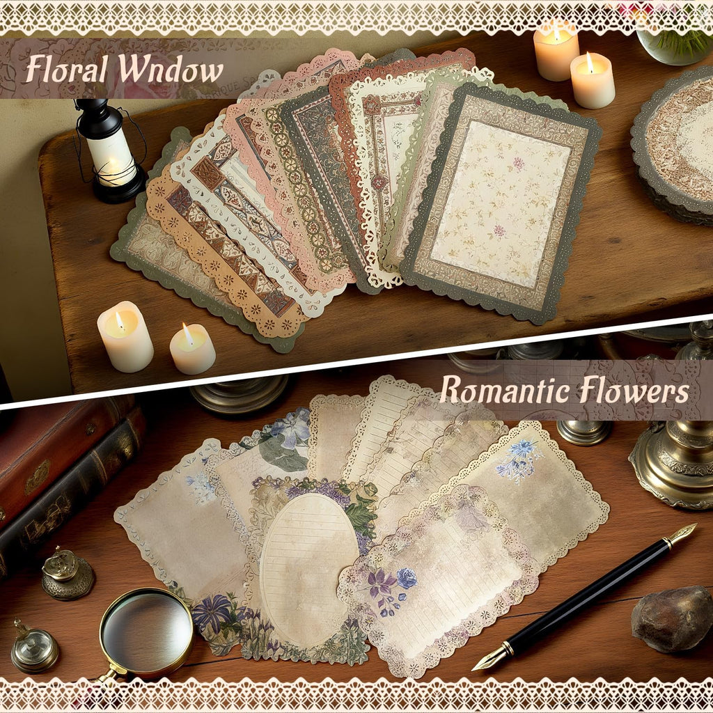 60 Sheets Lace Edged Scrapbook Stationery Paper Assorted Set, 4.9 x 6.9 inch Retro Mixed Lace Edged Paper, 6 Different Styles of Scrapbooking Paper for Letters, Junk Journal Supplies Collage