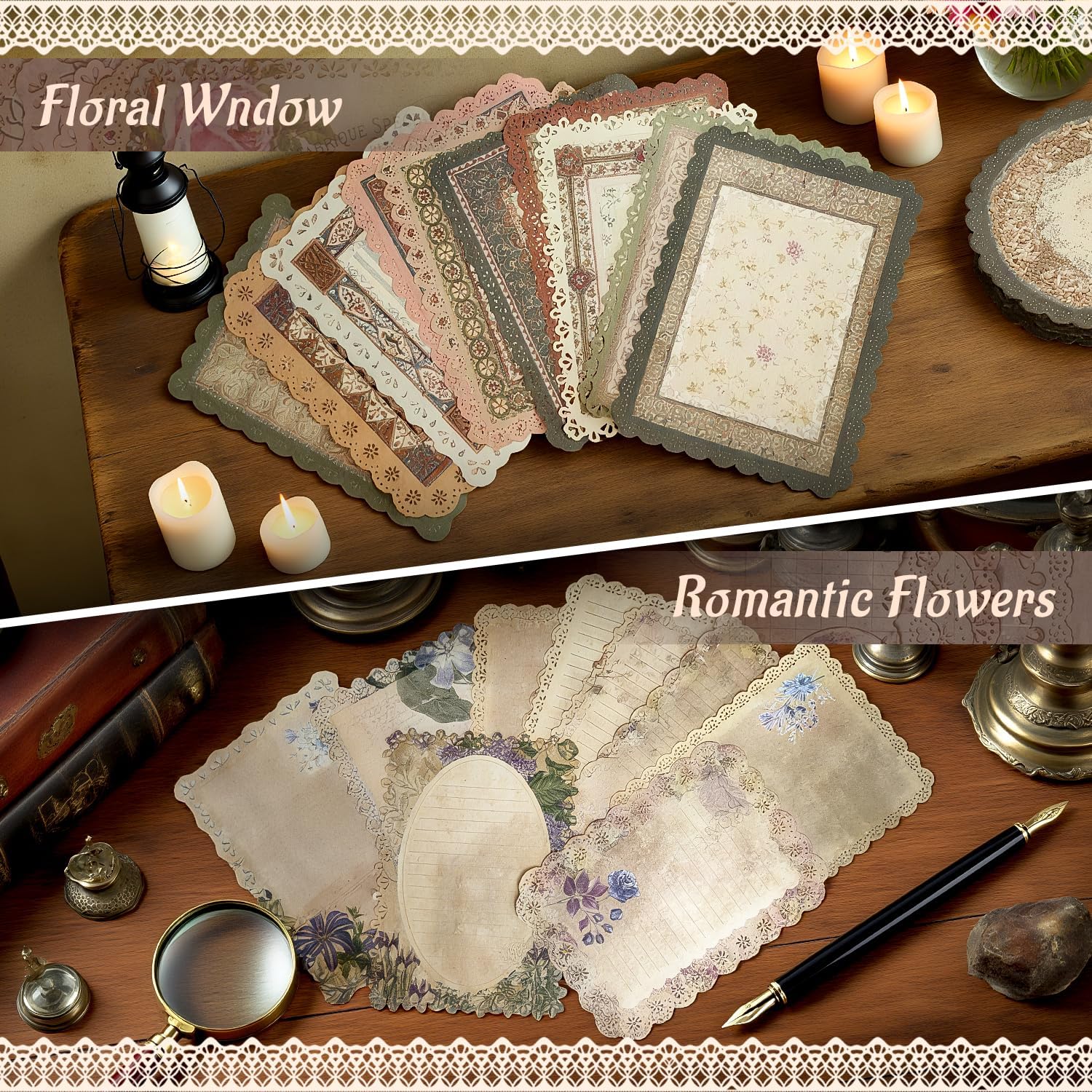 60 Sheets Lace Edged Scrapbook Stationery Paper Assorted Set, 4.9 x 6.9 inch Retro Mixed Lace Edged Paper, 6 Different Styles of Scrapbooking Paper for Letters, Junk Journal Supplies Collage