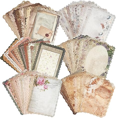 60 Sheets Lace Edged Scrapbook Stationery Paper Assorted Set, 4.9 x 6.9 inch Retro Mixed Lace Edged Paper, 6 Different Styles of Scrapbooking Paper for Letters, Junk Journal Supplies Collage