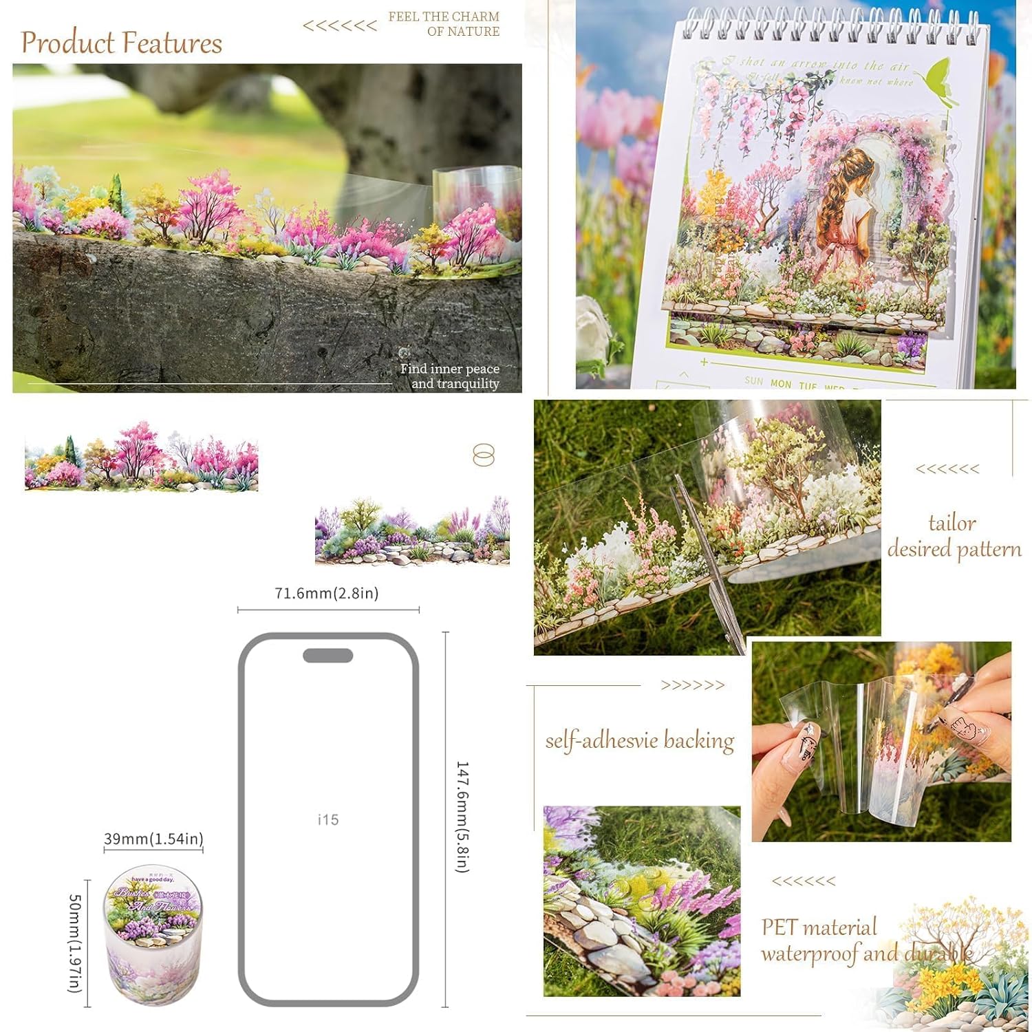 6 Rolls of PET Tape Stickers for Journaling Supplies, Paths Themed Decorative Journal Stickers for Scrapbooking,Planer (Garden Paths)