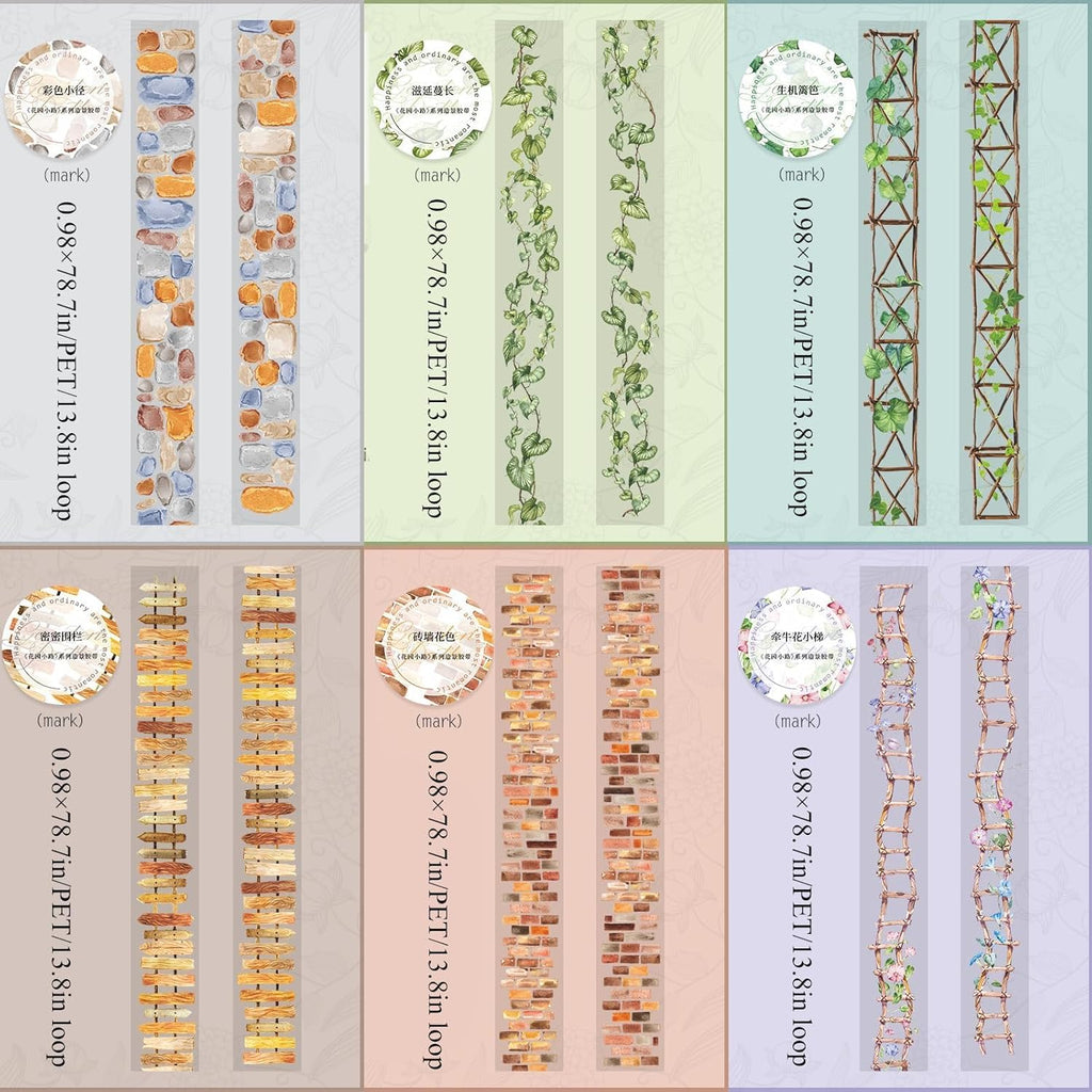 6 Rolls of PET Tape Stickers for Journaling Supplies, Paths Themed Decorative Journal Stickers for Scrapbooking,Planer (Garden Paths)