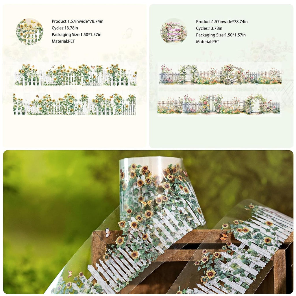 6Rolls Floral Washi Tape Set PET 40mm Wide Washi Sticker for Junk Journaling Stickers Flower Scrapbook Stickers Vintage Washi Tapes Scrapbooking Supplies Decorative Tape for Crafts, 6.6ft Long