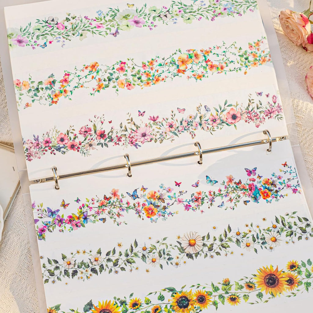 6Rolls Floral Washi Tape Set PET 40mm Wide Washi Sticker for Junk Journaling Stickers Flower Scrapbook Stickers Vintage Washi Tapes Scrapbooking Supplies Decorative Tape for Crafts, 6.6ft Long
