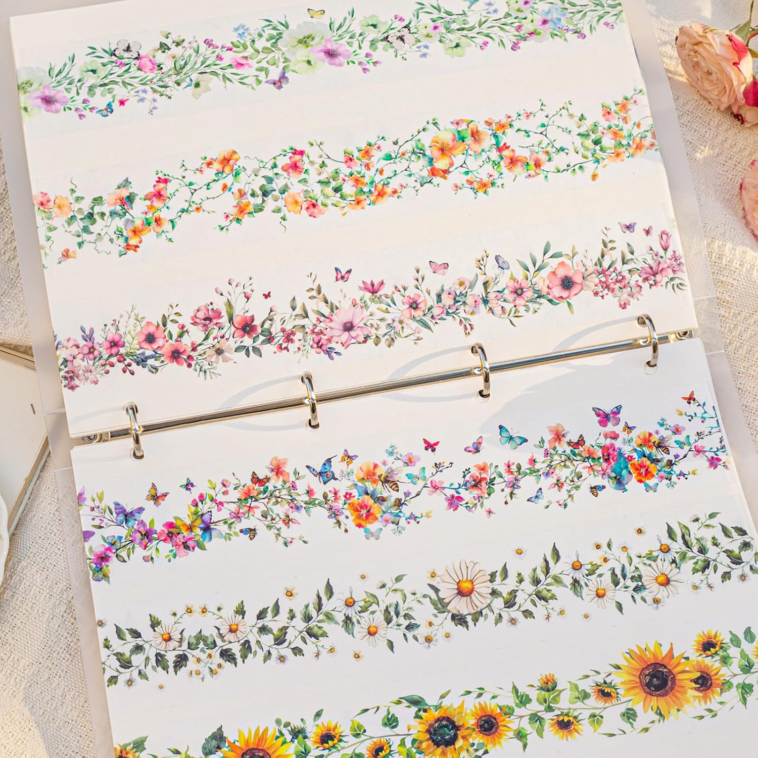 6Rolls Floral Washi Tape Set PET 40mm Wide Washi Sticker for Junk Journaling Stickers Flower Scrapbook Stickers Vintage Washi Tapes Scrapbooking Supplies Decorative Tape for Crafts, 6.6ft Long