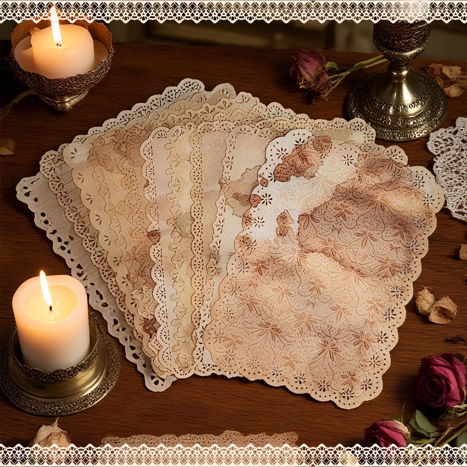 60 Sheets Lace Edged Scrapbook Stationery Paper Assorted Set, 4.9 x 6.9 inch Retro Mixed Lace Edged Paper, 6 Different Styles of Scrapbooking Paper for Letters, Junk Journal Supplies Collage