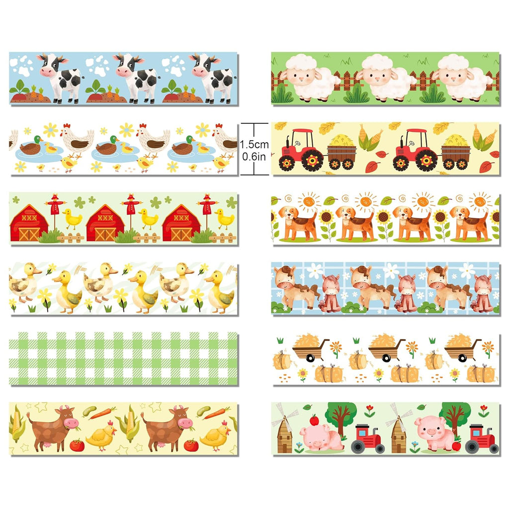 12 Pcs Farm Animals Washi Tape Farm Animals Masking Tape Decorations Farmhouse Cow Sheep Pig Ducks Decorative Paper Sticker for Vintage Journals, Planners, DIY Craft Gift Wrapping