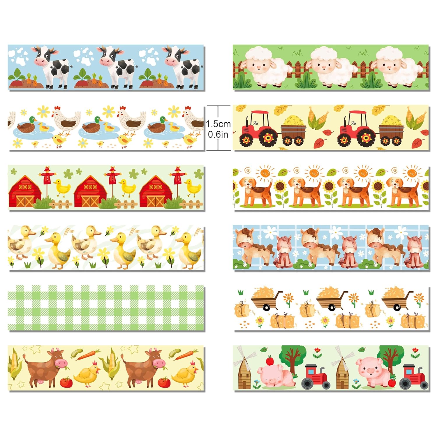 12 Pcs Farm Animals Washi Tape Farm Animals Masking Tape Decorations Farmhouse Cow Sheep Pig Ducks Decorative Paper Sticker for Vintage Journals, Planners, DIY Craft Gift Wrapping