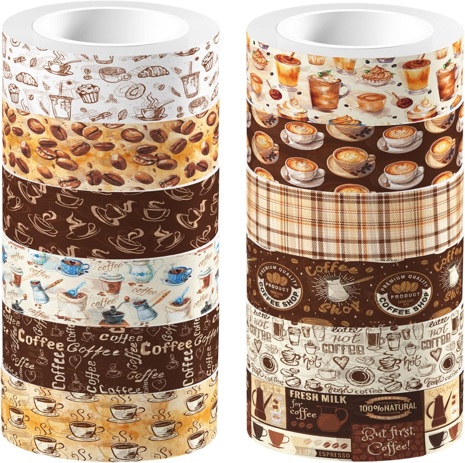 12 Pcs Coffee Washi Tape Coffee Masking Tape Decorations Vintage Watercolor Brown Cafe Decorative Paper Sticker for Vintage Journals, Planners, DIY Craft Gift Wrapping Handbook Stickers