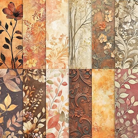 60 Sheets Golden Harvest Scrapbook Paper, Grunge Autumn Floral Decorative Craft Paper Folded Flat for Fall Birthday Card Making Thanksgiving Photo Album Journal Decor, 11'' x 8.5''